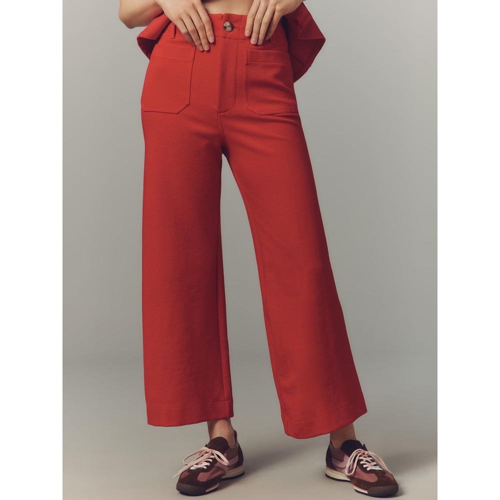 Anthropologie Maeve Colette Knit Red Wide Leg Crop Pants High Rise Patch Pocket